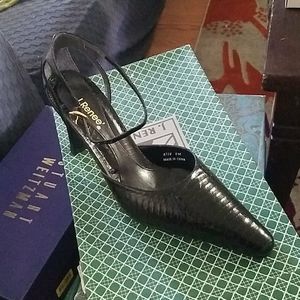 Black snake print leather heels